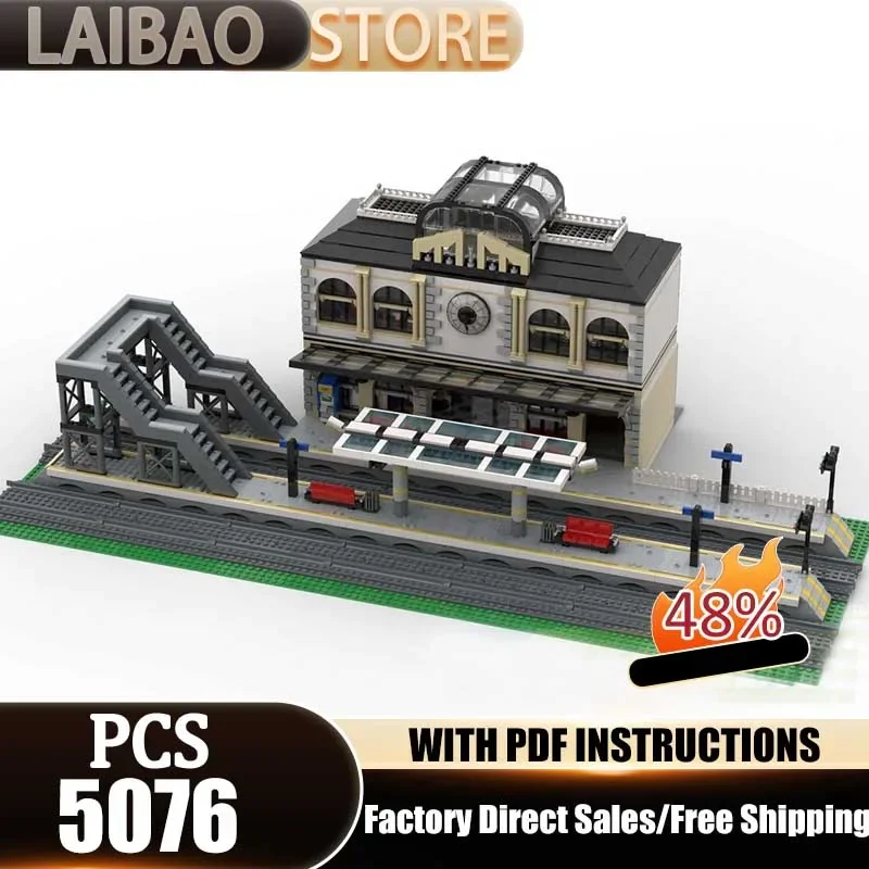 Railway Train Moc Building Blocks Central Railway Station and Platforms Technology Brick Christmas DIY  Construction Holiday Toy