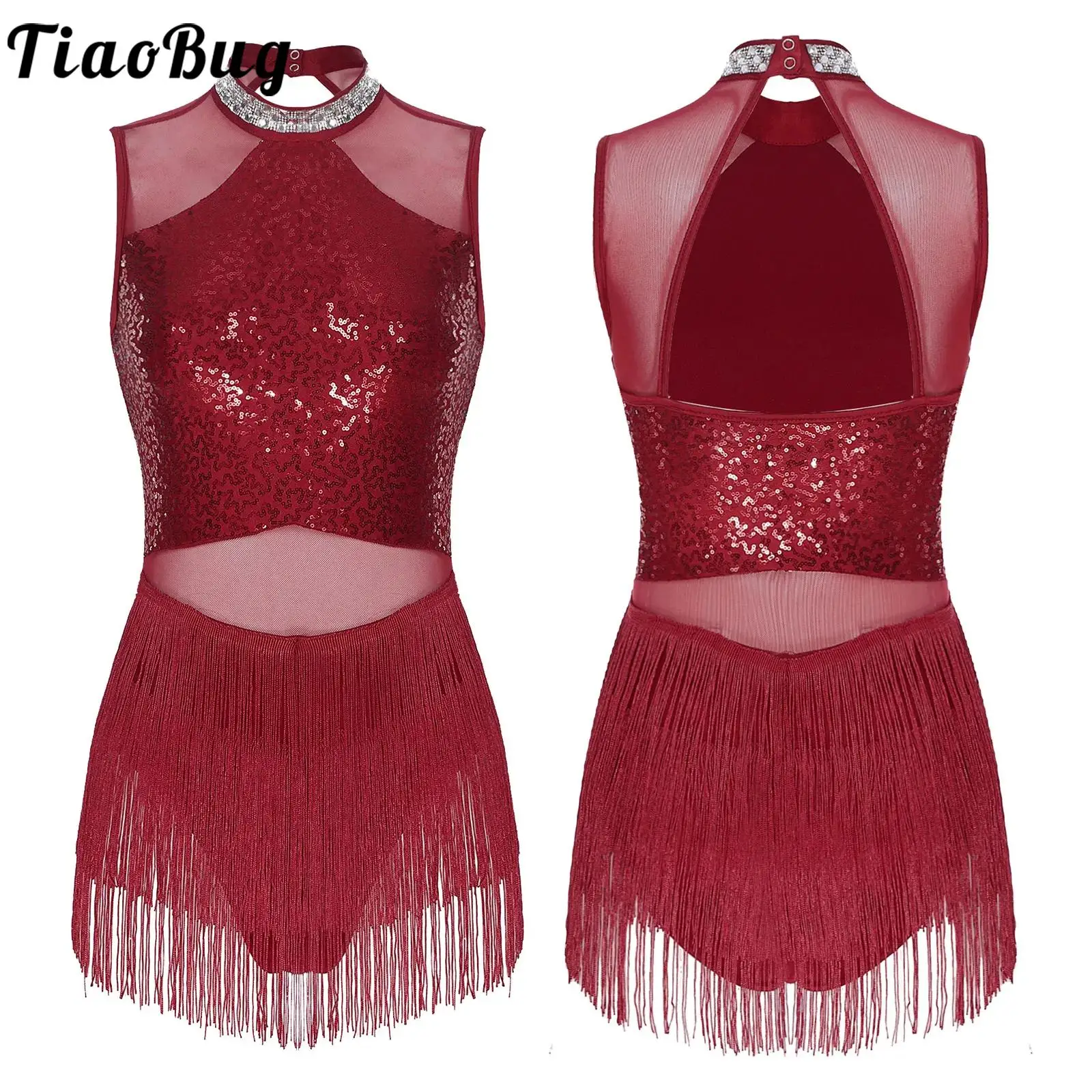 Leotardo con borlas y lentejuelas para mujer, vestido latino de Tango y Salsa con diamantes de imitación, Halter sin mangas, traje con flecos, Ropa