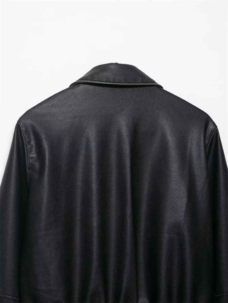 Nowa damska kurtka ze sztucznej skóry na jesień i zimę, czarna, ukryte guziki, podwójne kieszenie, styl motocyklowy z klapami.