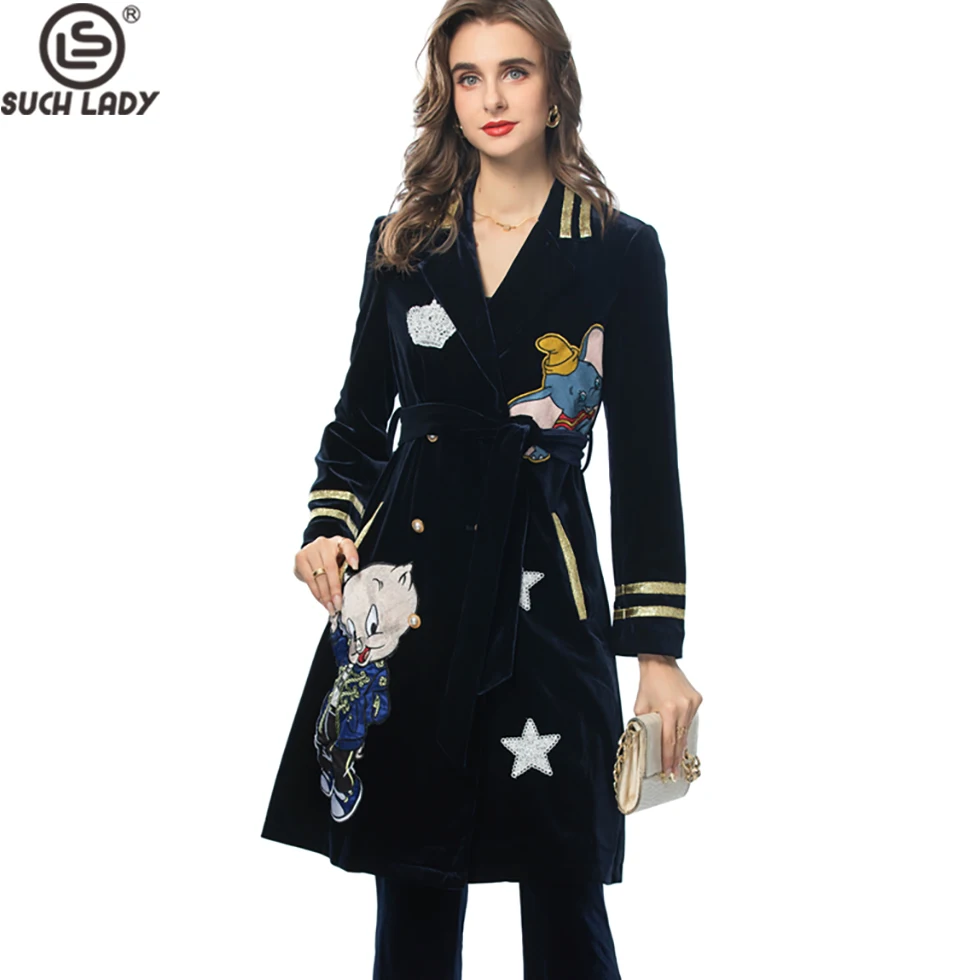 Women's Twinsets Notched Collar Long Sleeves Embroidery Appliques Outerwear Coat with Long Pants Two Piece Sets