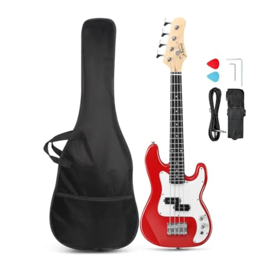 

36-дюймовая электрическая бас-гитара, 4-струнный стартовый комплект для начинающих с аксессуарами, включая кабель, ремень и сумку, для взрослых, красный цвет