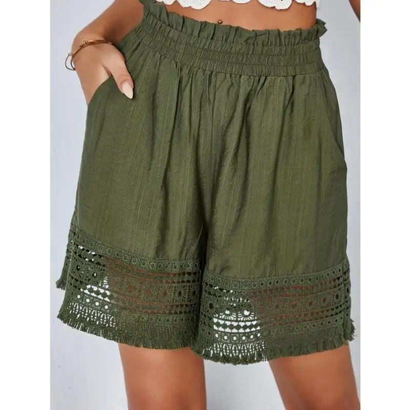 Women's n Pure Color Lace Hollow out Tassel ket orts Cross-Border New Sle Casual Pants Mid-Low Waist PVC Material