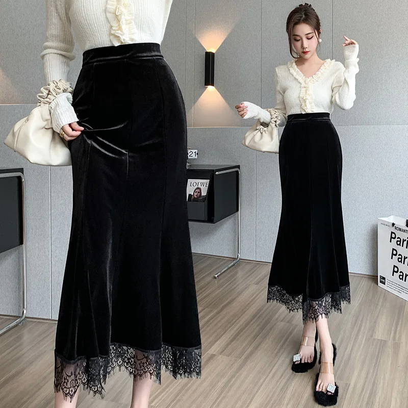 Velvet Midi Skirt for Women 2025 Autumn with Sweater Lace Patchwork Bodycon Skirt Slit One-Step Long Skirt