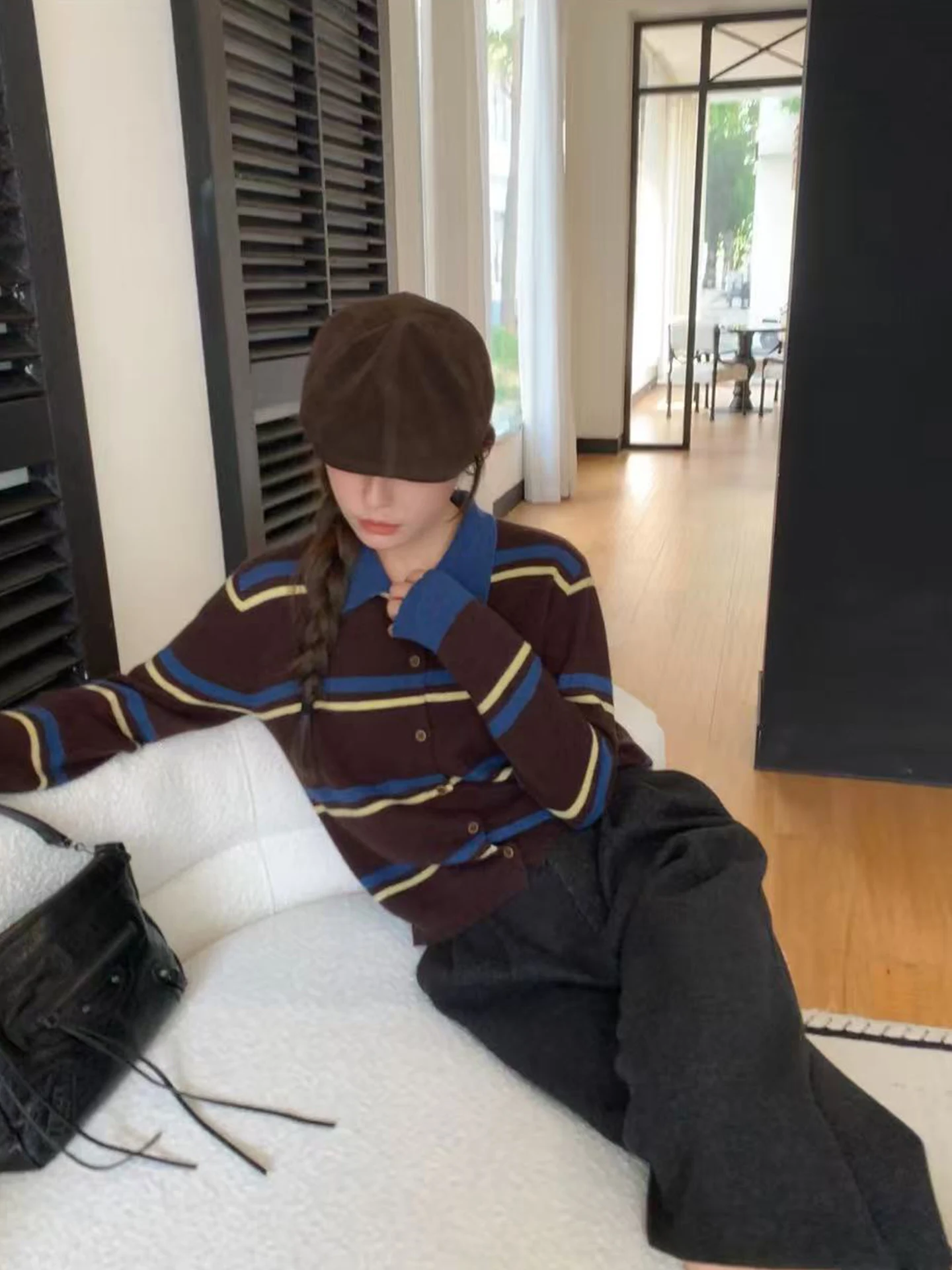 

Caramel chiato Women's Wool Blend Sweater Collared Patchwork Long Sve Loose Fit Autumn Winter Commute Sle Knitwear