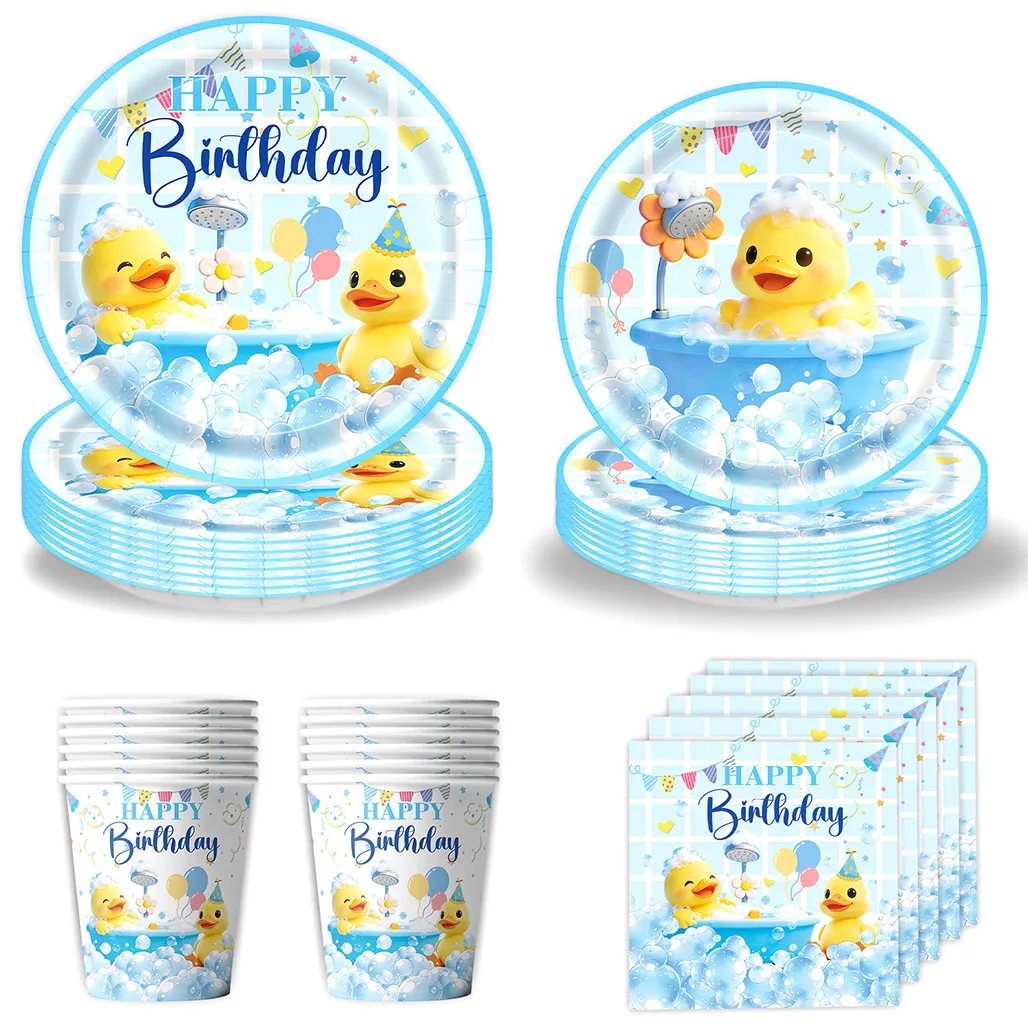 Niedliche Gelbe Gummi-Enten Baby-Shower-Party Dekorationen Papier-Tischgeschirr Teller Becher Banner Jungen Mädchen 1. Geburtstag Zubehör – Detail 5