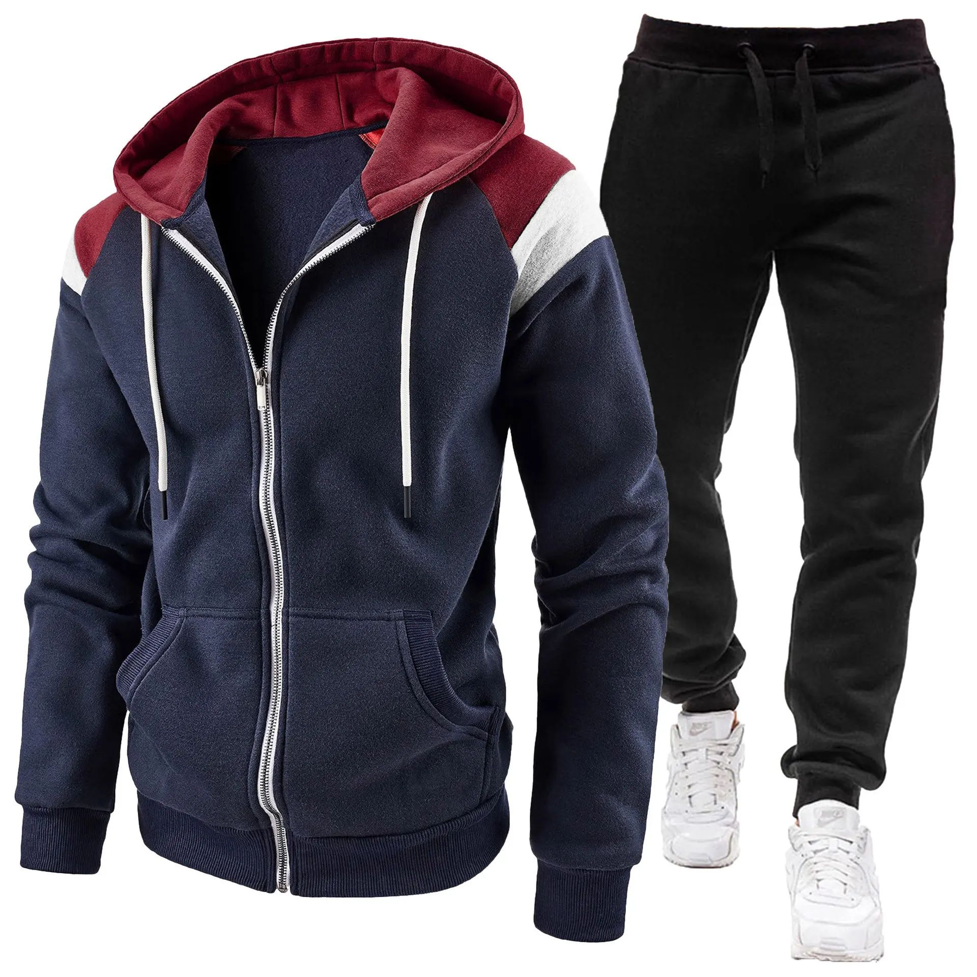 

Color Block Contrast Men's Tracksuit Zip Hoodie Sporty Set Casual Sweatpants Stylish Versatile Trendy Fashion Clothing