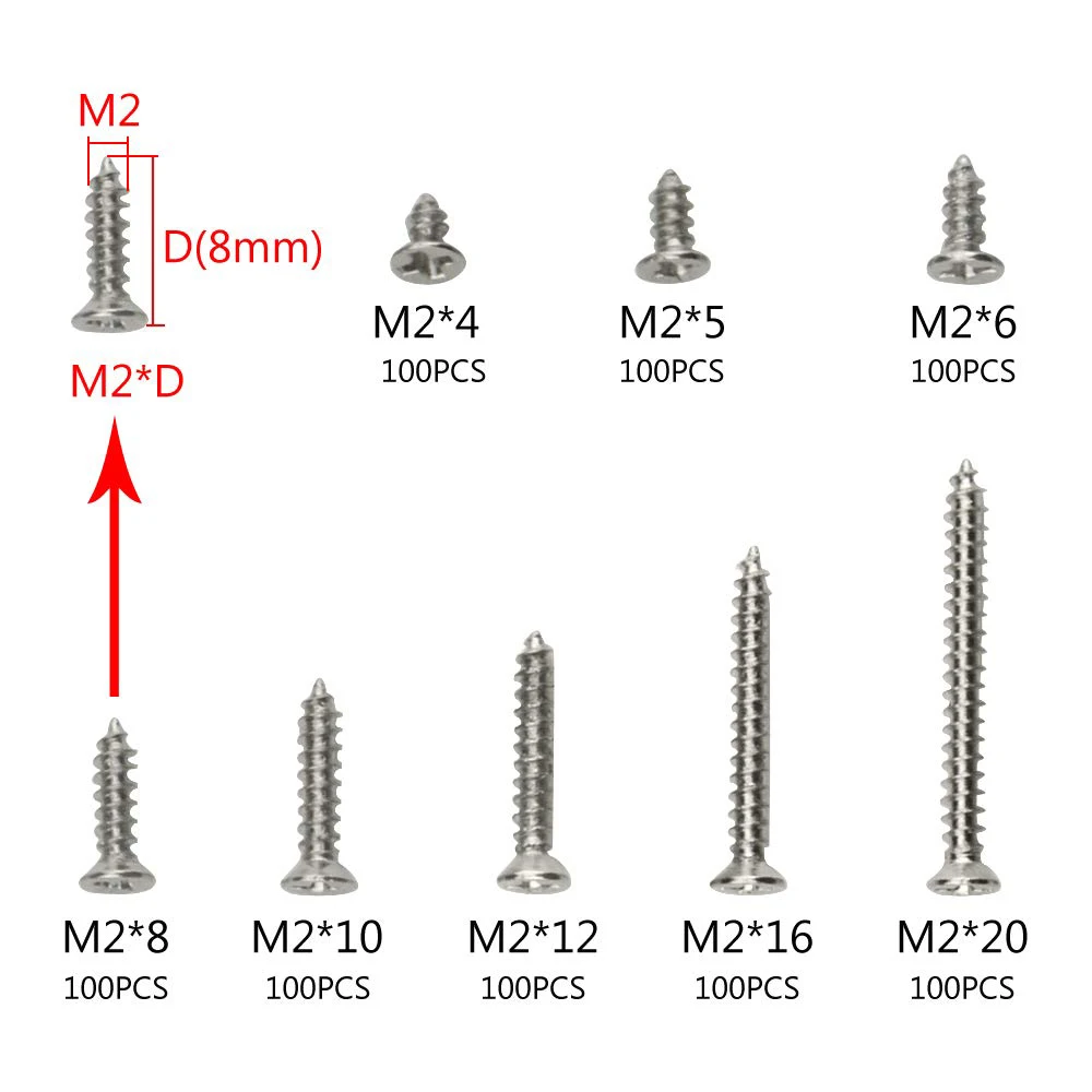 800PCS M2 Self Drilling Cross Head Screw Combination With 8 Sizes Mini Cross Drive Pan Head Self Tapping Wood Screw Fastener Kit