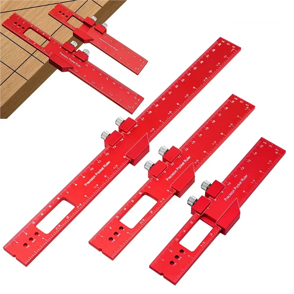 300mm Precision T Type Pocket Ruler Inch Metric Measuring Tool with Slide Stop for Carpentry Marking