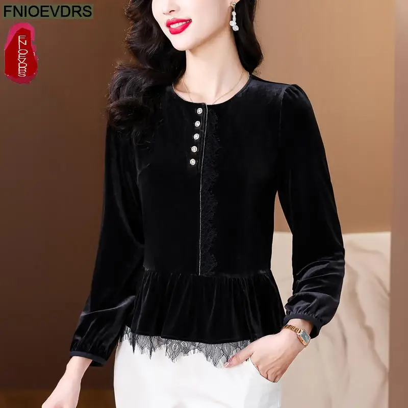 Black Velvet Retro Vintage Tassel Peplum Tops New Design Women 2024 Autumn Long Sleeve Sequined Button Belly Basics Shirt Blouse