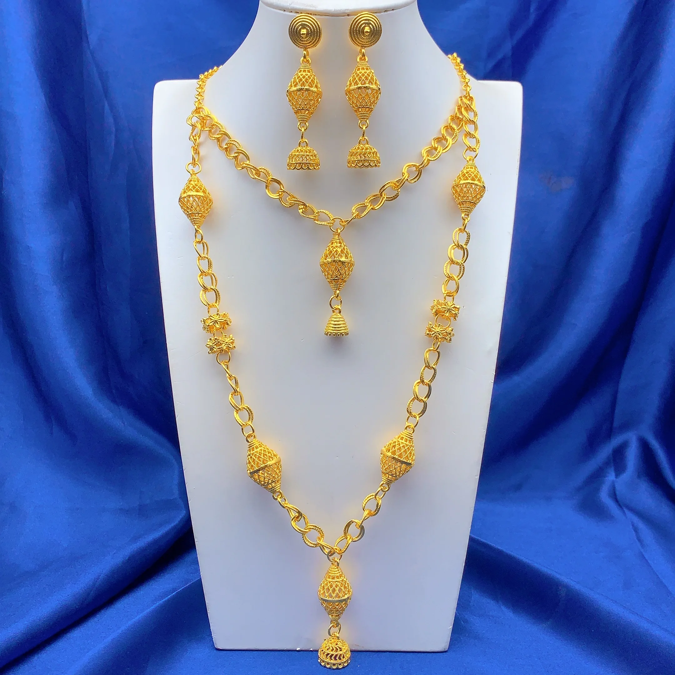 Dubai Long Ball Necklace Earrings For Women Wedding Brazilian 24K Gold Color Jewelry Sets Nigerian Indian Bridal Set Party Gifts