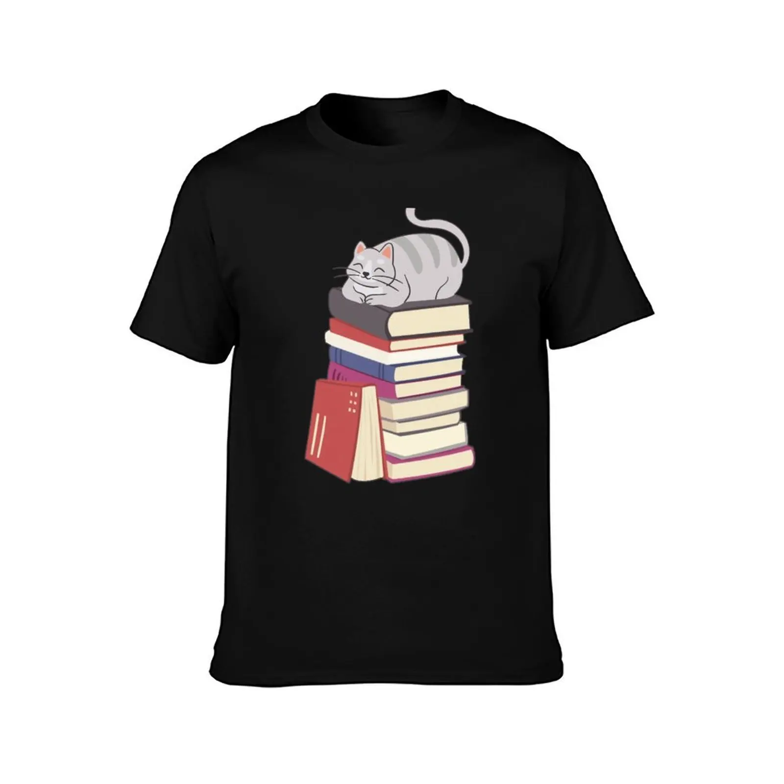 Stack of Books and a Chubby Cat T-Shirt, Summer Casual Cotton Tee, Oversized Streetwear Tops, Vintage Graphic Print, 100% Cotton