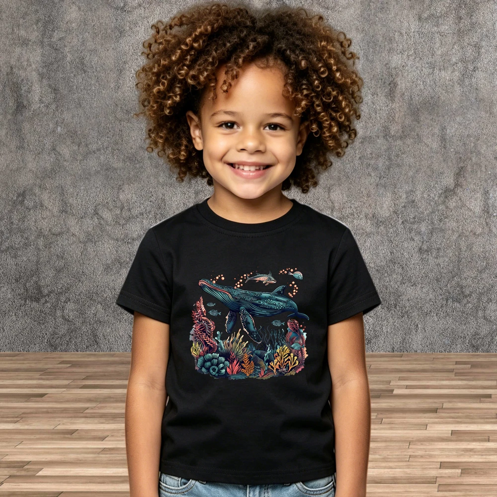 Toddler Kids Blue Whale Print T-Shirt Summer New Boys Girls Short Sleeve Marine Life Tees Shirt
