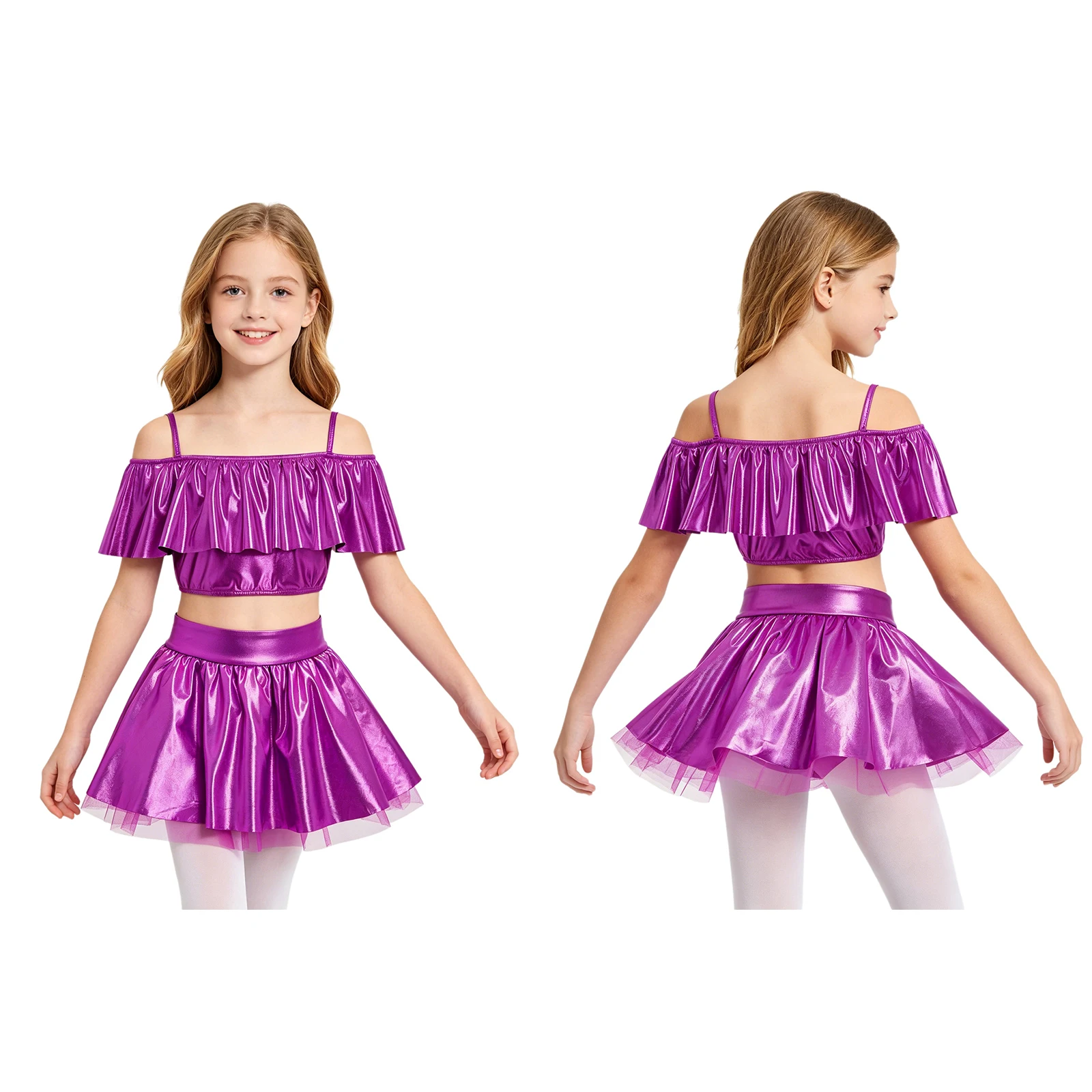 

Children Ballet Dance Costume Off Shoulder Spaghetti Straps Metallic Crop Top with Sparkly Tutu Skirt Stretchy for Performance