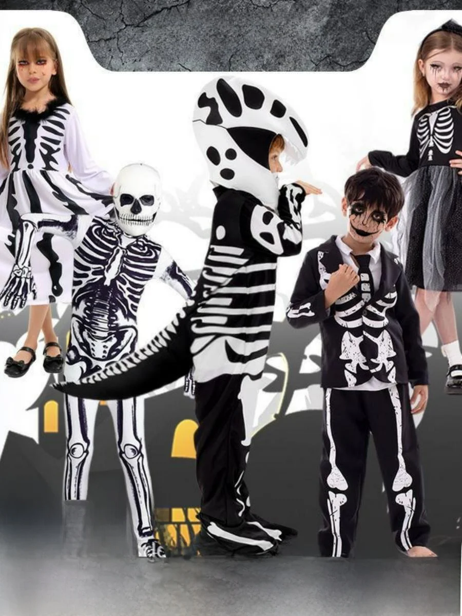 

New loween Performance Costume Dinosaur Skeleton Children's Cosplay Clothes Ghost Festival Bone Outfit Polyester Material