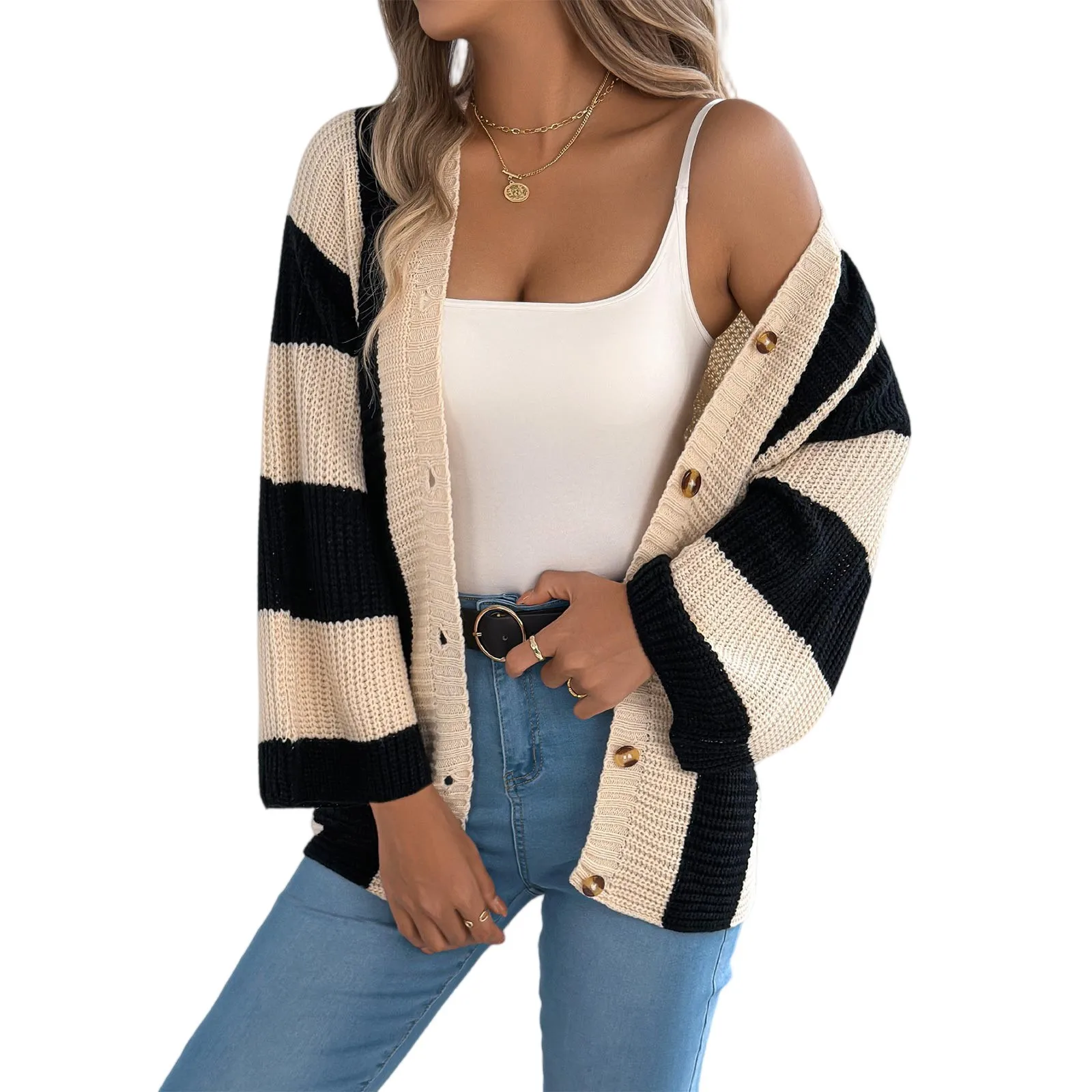 

Женский осенний свободный вязаный кардиган, пальто, кардиган в контрастную полоску с расклешенными рукавами, однобортный свитер с длинными рукавами