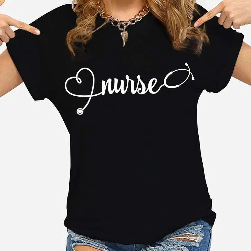 Cute Nurse Heartbeat Line Printed T-Shirts Women Short Sleeve Funny Round Neck Tee Shirt Casual Summer Tops