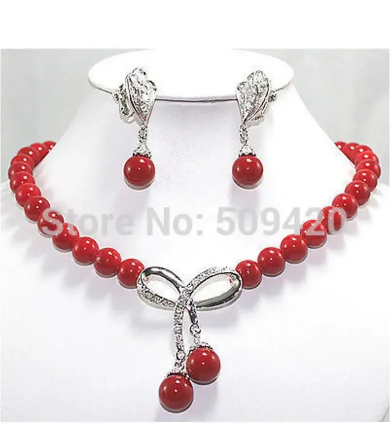 

Pretty jewelry 10mm Red shell pearl Necklace inlaid crystal Earring Set
