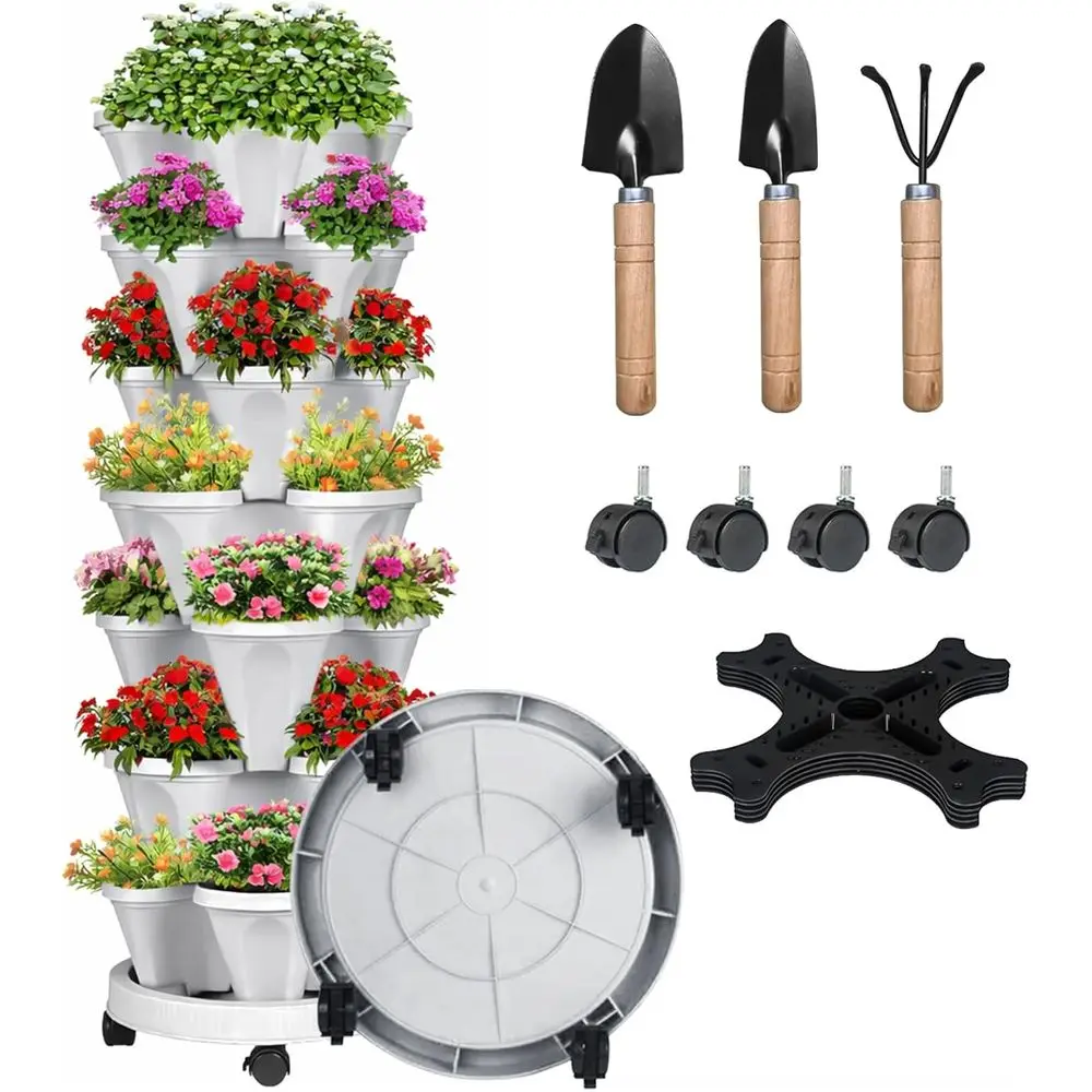 

7-ярусная вертикальная башня для выращивания трав - штабелируемые уличные горшки для трав, овощей и суккулентов, светло-серый цвет