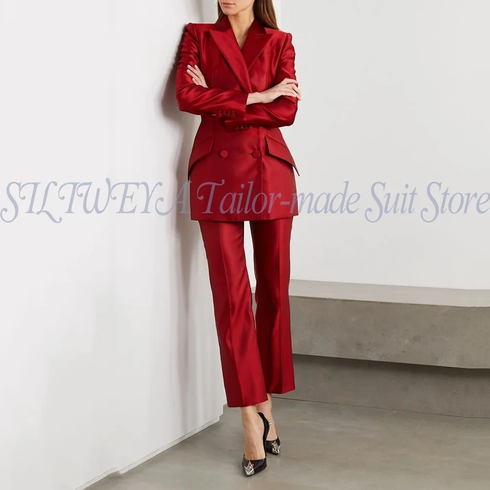 Conjunto de traje de 2 piezas para mujer, elegante chaqueta de negocios de satén rojo, trajes elegantes para trabajo de oficina diario, traje de pantalón recto personalizado