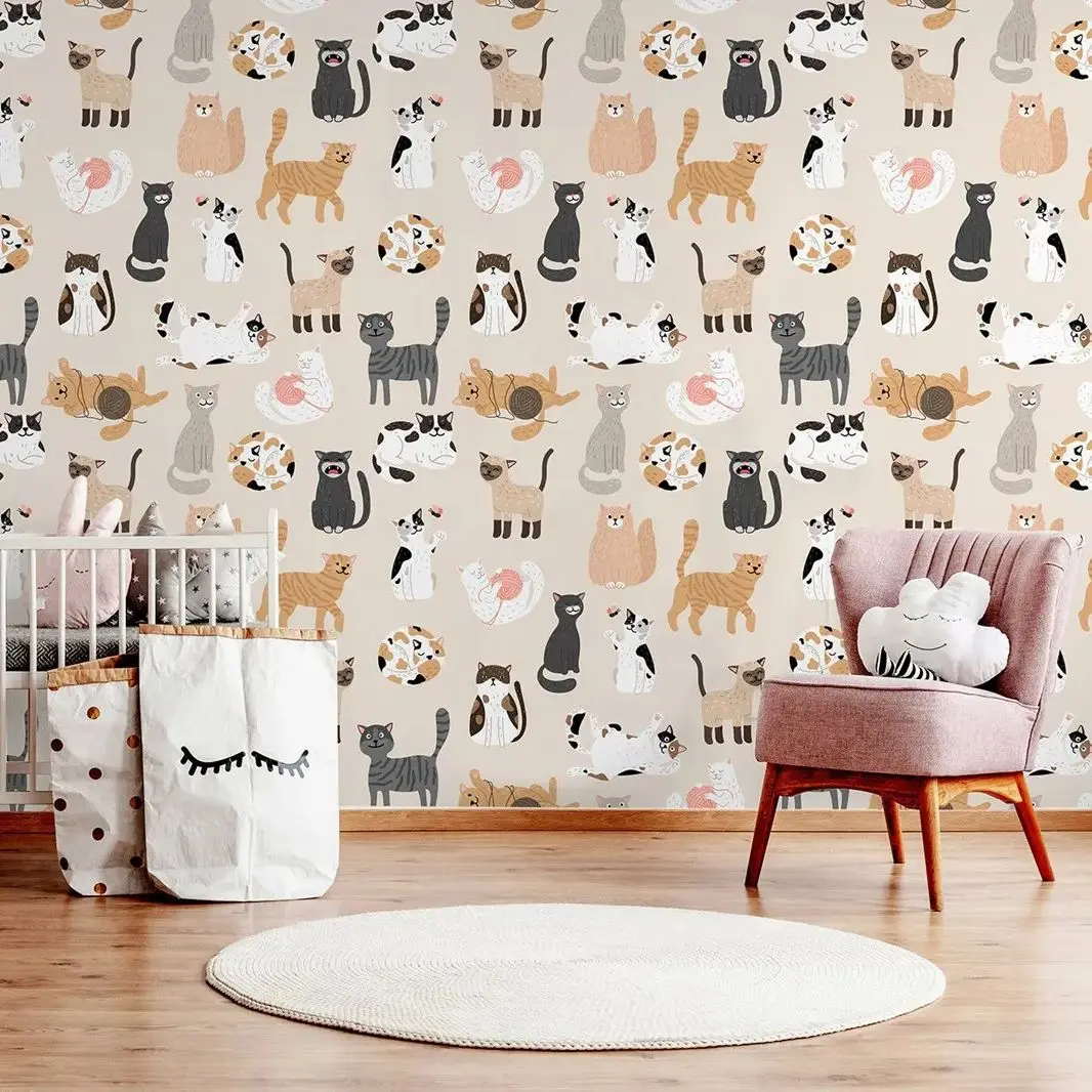 Beige Wallpaper With Cute Cat Pattern, Cartoon Animal Wall Paper For Kids Room Decor, Self Adhesive, Or Traditional Wall Mural
