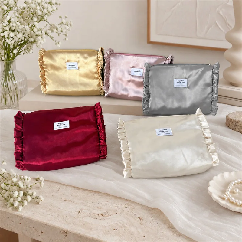 High‑value Satin Ruffle Cosmetic Bag Sweet Girly Large Capacity Hand Clutch Makeup Travel Storage Pouch Case