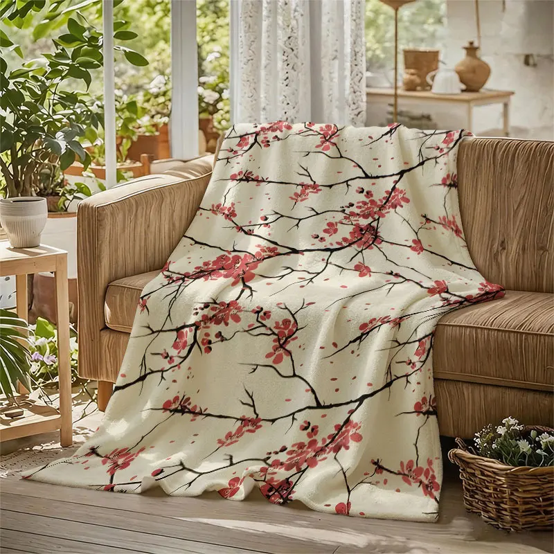 Plum Blossom Ink Flannel Blanket Warm Soft Halloween Christmas Decorative Couch Warm Cozy All-Season Gift
