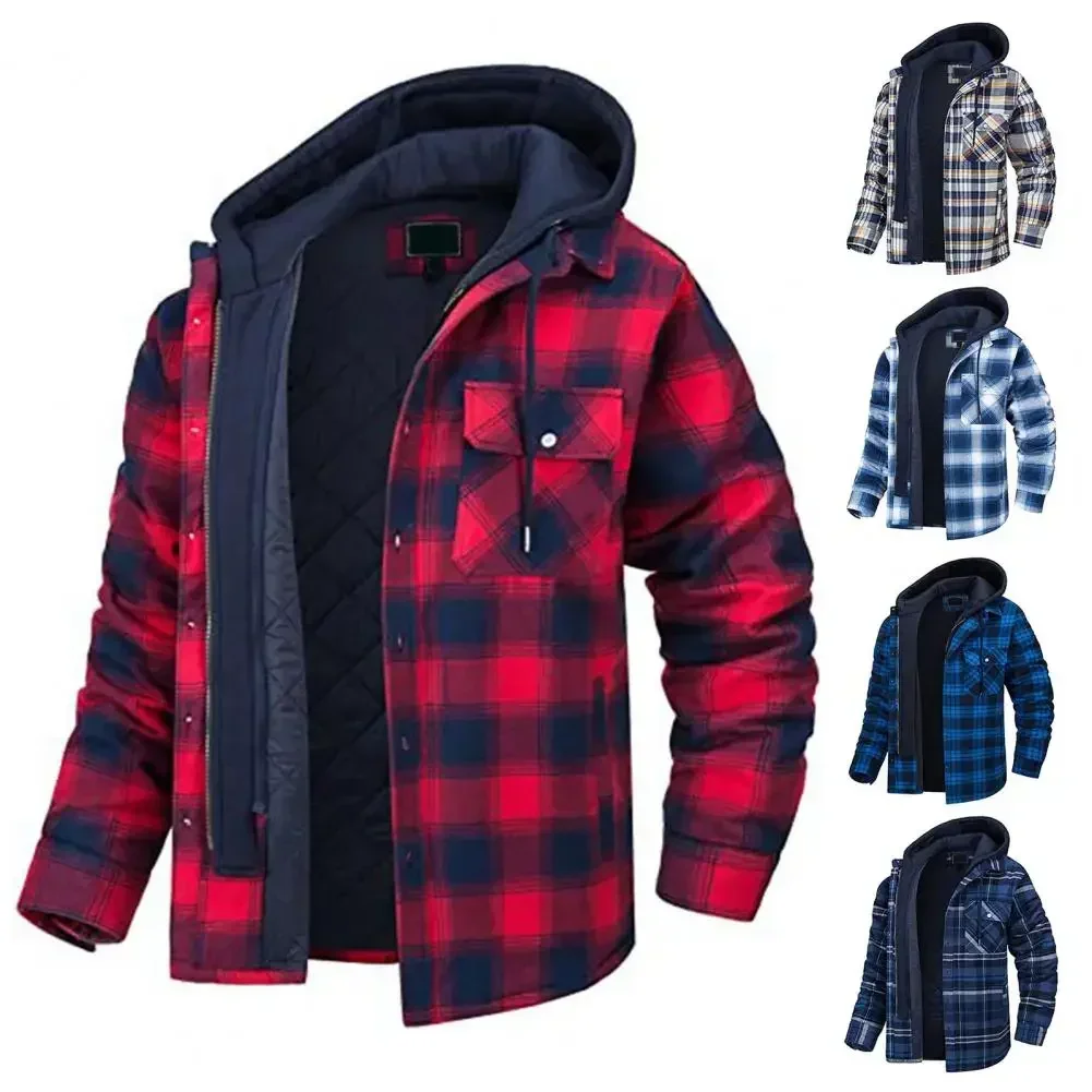 Winter Men's Hooded Jacket Drawcord Fashion Men's Thickened Hooded Cotton Windproof Parkas Plaid Shirt Casual Jackets for Men