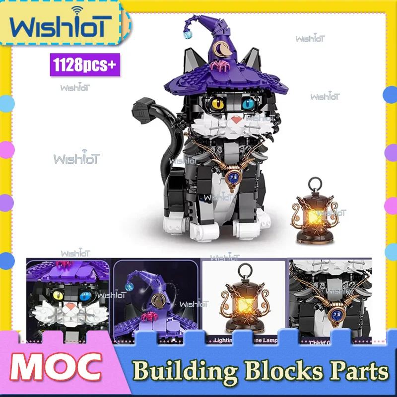 

1128 шт., модель волшебного кота, набор строительных блоков с подсветкой, креативные украшения для сборки животных, игрушки «сделай сам», MOC, кирпичи, подарки для детей