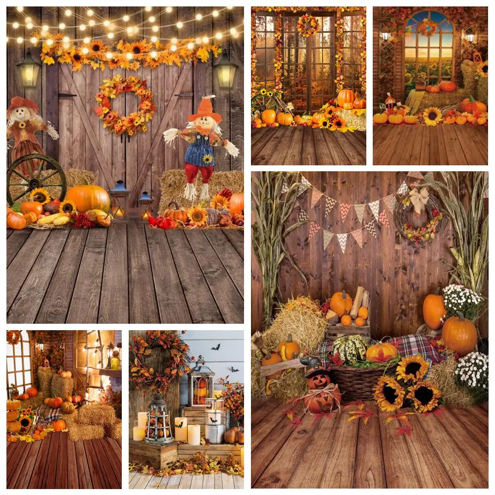 

Autumn Backdrop Pumpkins Haystack Scarecrow Interior Baby Shower Birthday Party Photography Background Decor Photo Studio Props
