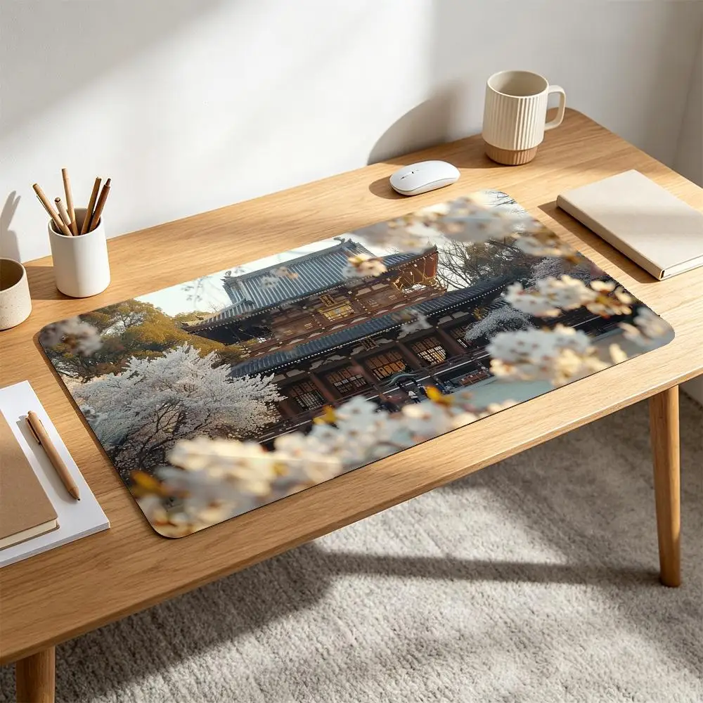 Anime Japanese Temple Cherry Blossom Large Mouse Pad Traditional Building Sakura Flower Spring Scenery desk accessories