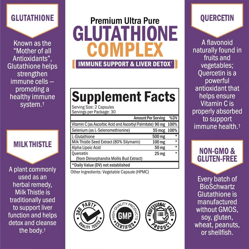 Suplemen Glutathione, detoksifikasi hati, quercetin,vitamin C,milk thistle, kesehatan imun, 60 Kapsul vegetarian