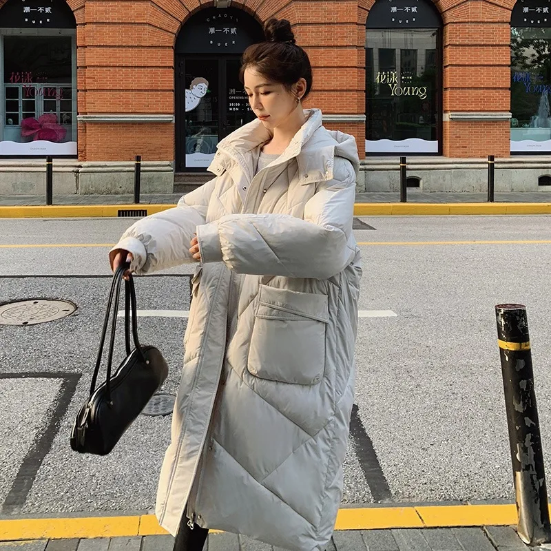 Hooded Over Knee Padded Coat Women Thick Warm Winter Outerwear Big Pocket Oversized Loose Quilted Long Puffer Jacket New