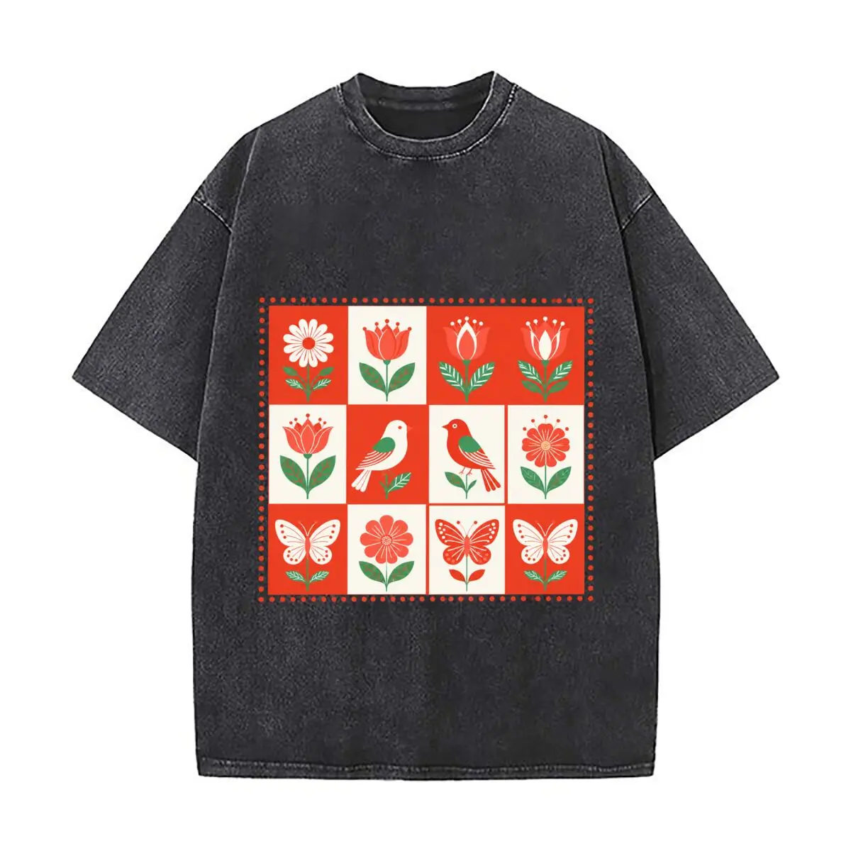 Vintage Floral Bird Butterfly Grid Pattern Red Green Botanical Distressed Vintage Oversized Streetwear Tops for Coffee Dates