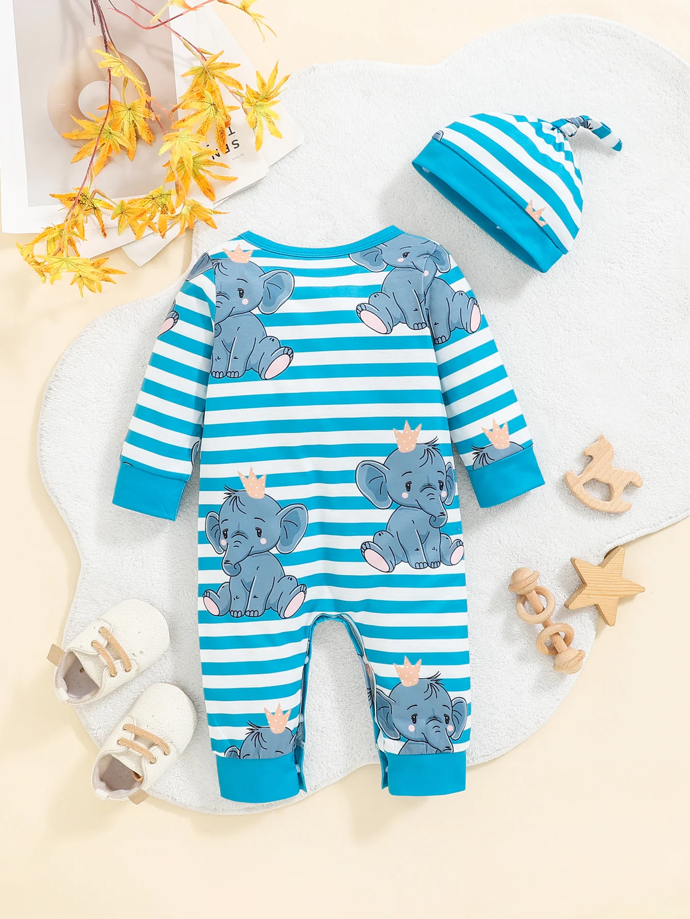 

Winter 0-1 Years Old Infant Baby Boys Elephant Stripe Print Long Sleeved Jumpsuit