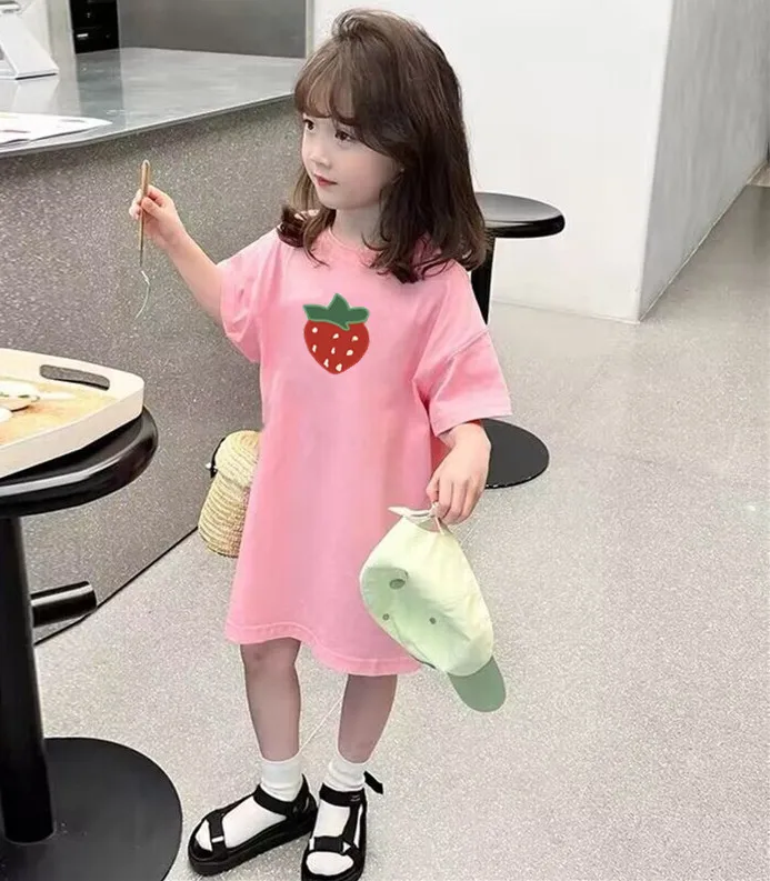 

Fashion Kids Girls Strawberry Pattern Printed Cool Dresses Summer Short Shirts Straight Dress