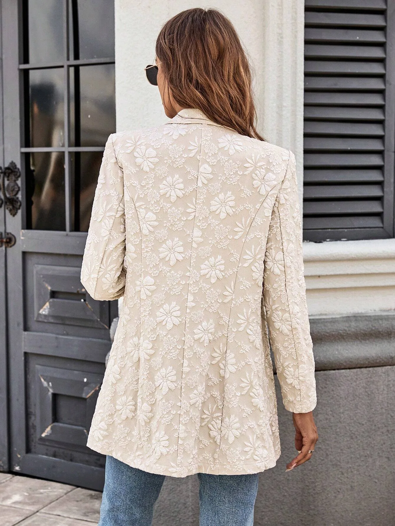 Women Floral Embossed Blazer Lapel Collar Single Button Long Sleeve Textured Open Front Elegant Midi Suit Jacket