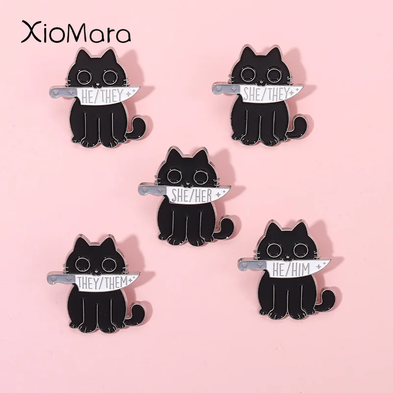 Black Cats Dagger Enamel Pins Funny Pronouns Punk Brooches They Them She Her He Him Lapel Badges Animal Jewelry Gifts For Womens