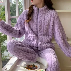 Lady Standing Collar Thickened Loungewear Stylish Solid Colour Pyjamas Pockets Coral Fleece Comfortable Warm Leisure Pajama Sets