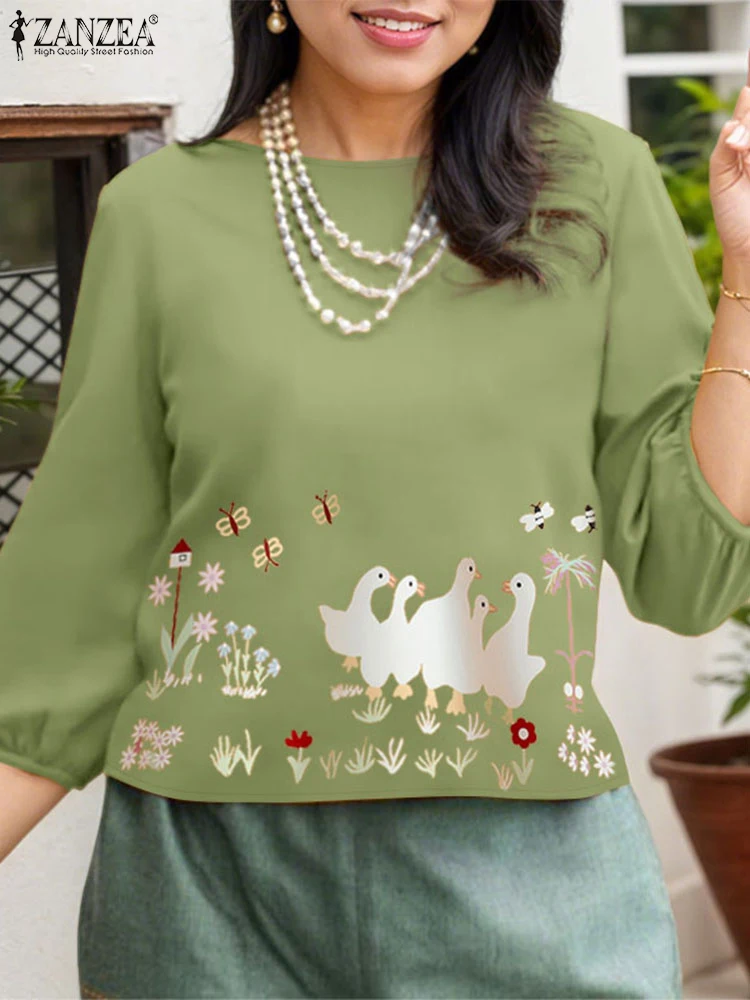 

2025 ZANZEA Fashion Women Blouse Vintage Printed Casual Loose Shirts Autumn 3/4 Puff Sleeve O-Neck Elegant OL Blusas Femininas