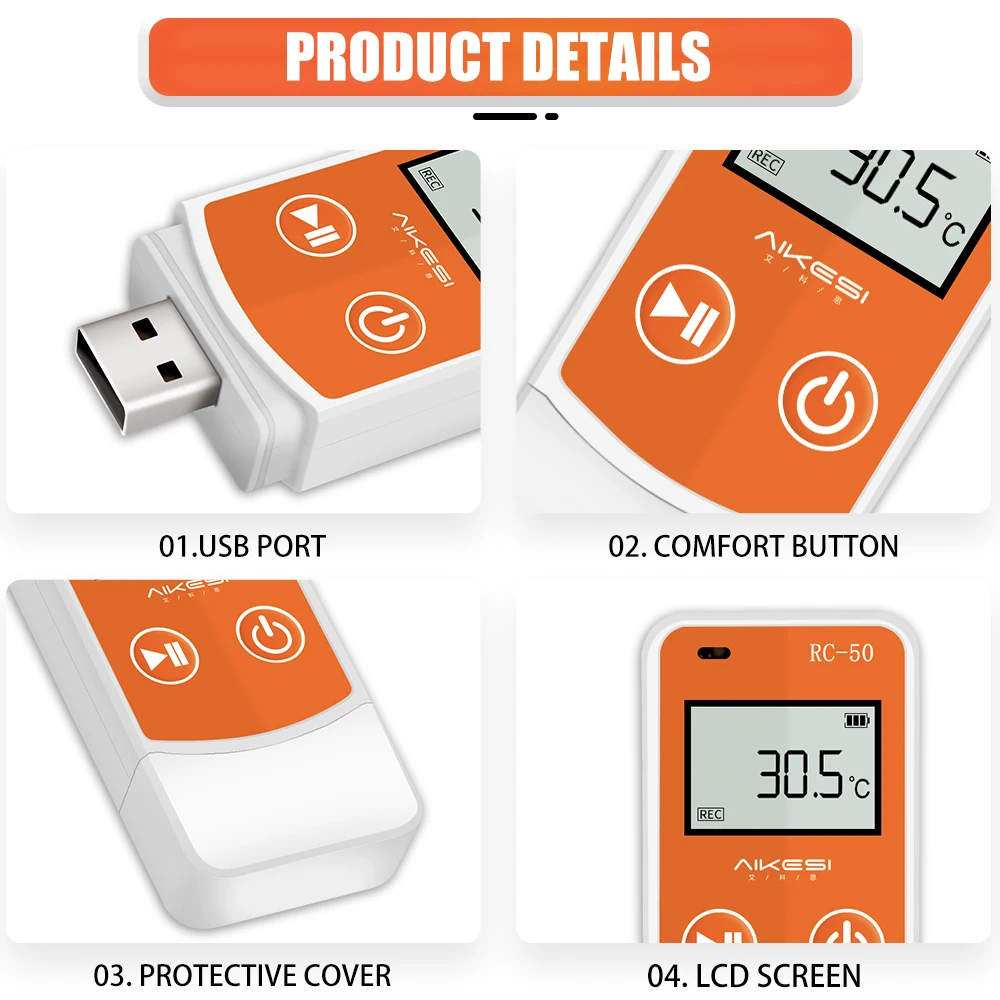 AIKESI RC-50/60 USB Type-C ไร้สายสมาร์ทอุณหภูมิและความชื้น Data Logger อุณหภูมิและความชื้น CE FCC ROHS