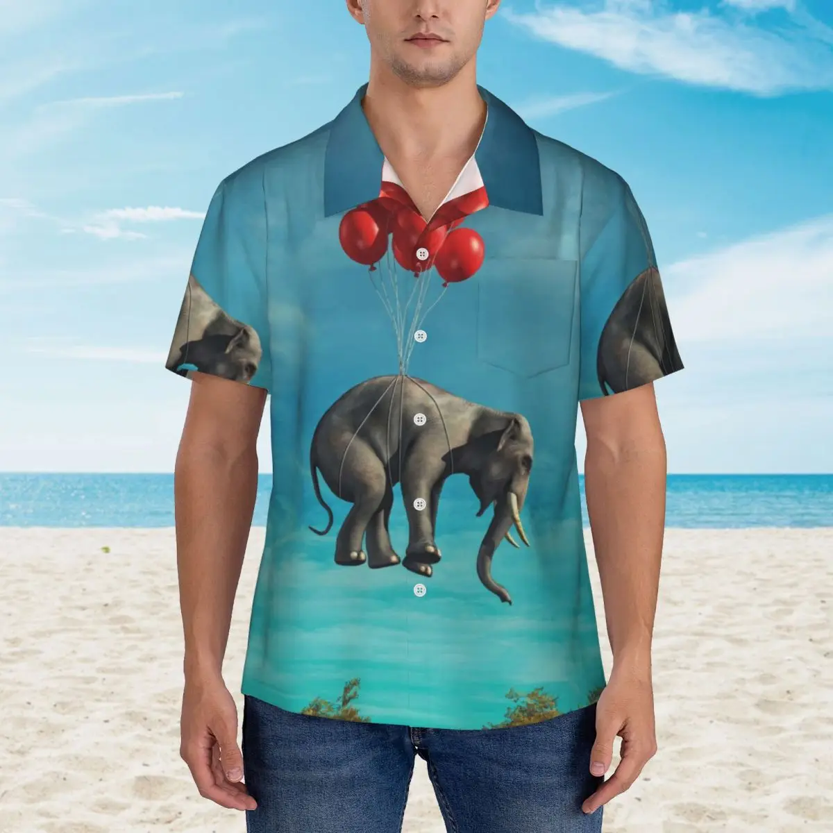 Hawaiian Shirt Vacation Flying Elephant Blouses Classic Balloon Animals Loose Casual Shirts Male Short-Sleeved Harajuku Clothing