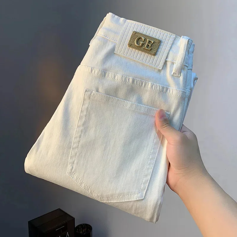 

Белые джинсы, мужские летние тонкие эластичные эластичные мягкие облегающие узкие элитные простые и легкие роскошные повседневные брюки