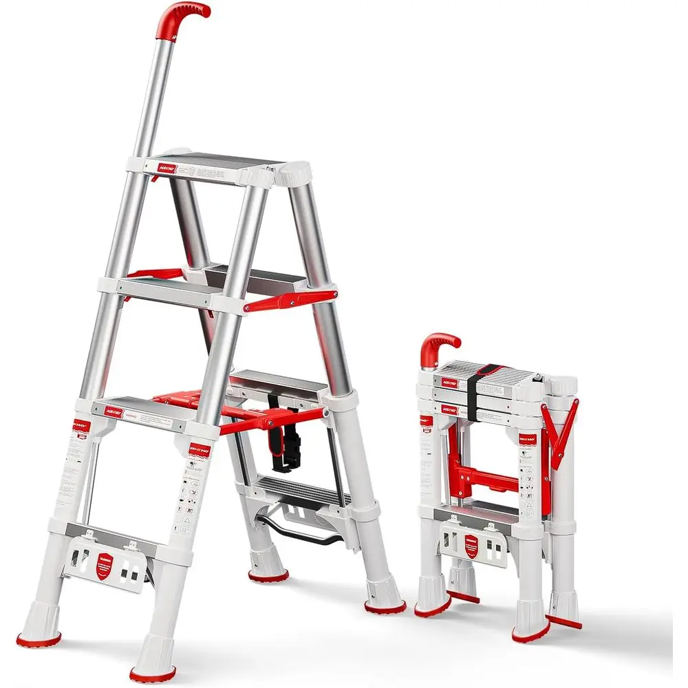 Drabina teleskopowa, składany stołek schodkowy 107 cm z blokadą bezpieczeństwa, składana drabina aluminiowa, wytrzymała drabina 4-stopniowa 600l