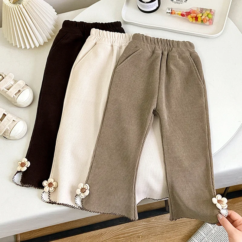 LZH Autunno Inverno Bambini Peluche Fiore Pantaloni Ragazze Solid Pocket Stripe Pantaloni svasati Ragazza dei bambini Addensato Pantaloni caldi