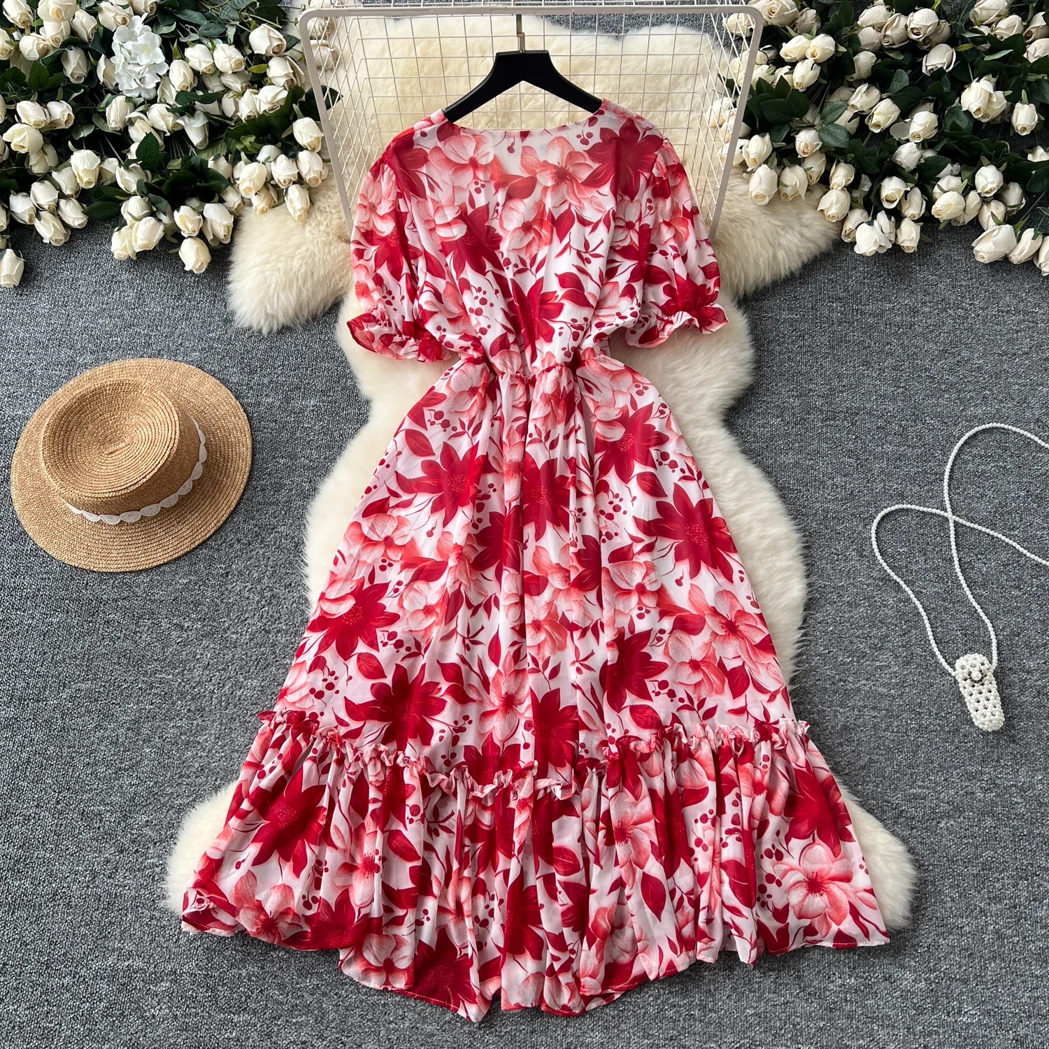 Elegant V-neck Vintage Short Puff Sleeve Chic Ruffle Slim Print Dress French Fashion Beach Vacation High Street Summer Clothing