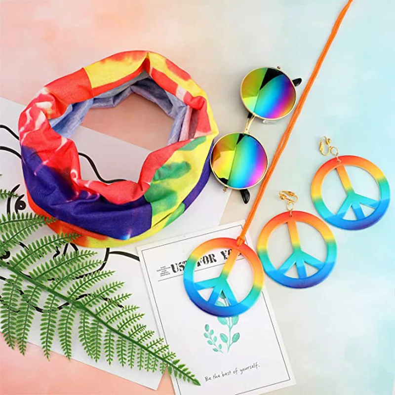 4 Stuks Hippie Kostuum Accessoires 70S Hippie Regenboog Outfit Tie Tie-Dye Hoofdband Vrede Bord Ketting Zonnebril Carnaval Feest Cosplay