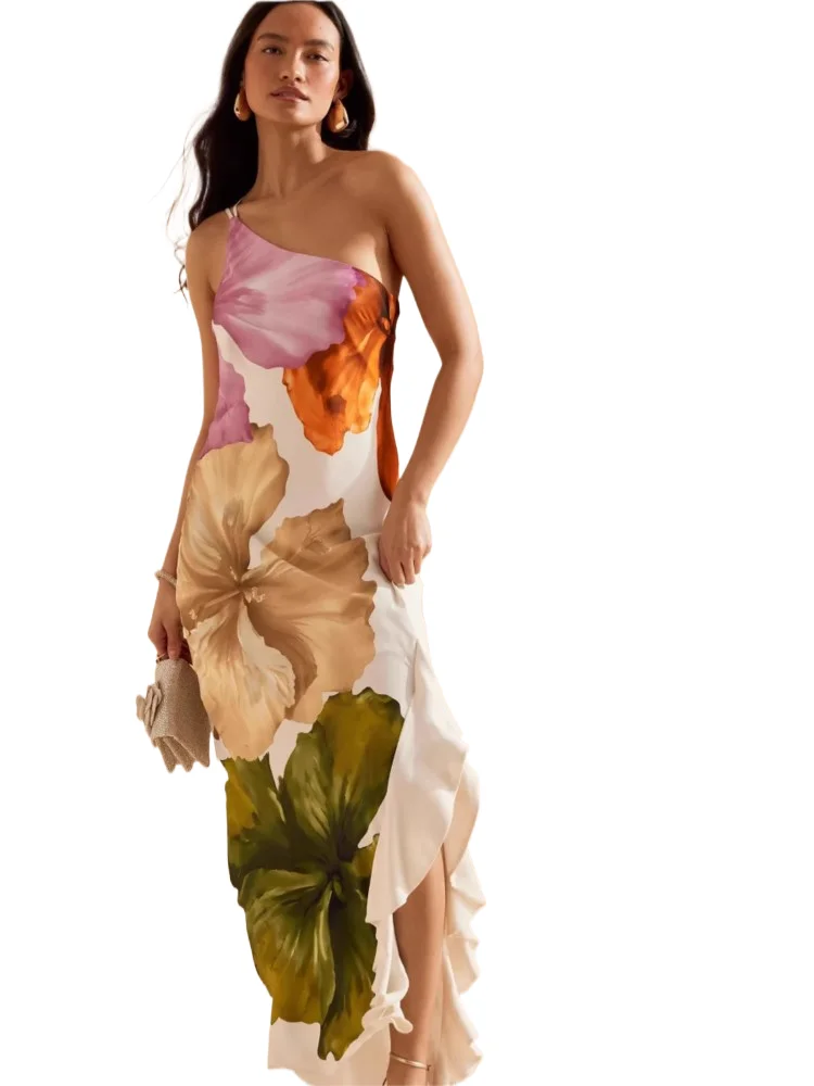 

Fashionable Irregular Slant Neck Off Shoulder Split Dress Spring Summer New Womens Dresses Printed Holiday Sleeveless Long Dress