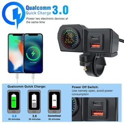 Color Display Dual QC3.0 PD Motorcycle Charger Fast Charging Voltmeter Thermometer Digital Display Mobile Phone Charger Socket