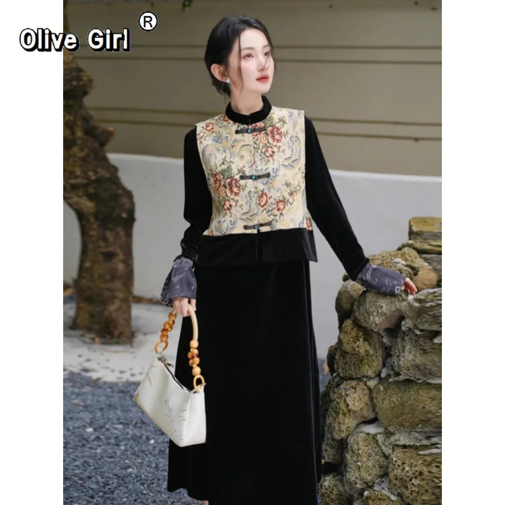 

Китайское традиционное платье, черный зимний комплект Ципао Cheongsams с вышивкой, 2021, жилет, платье, женская одежда