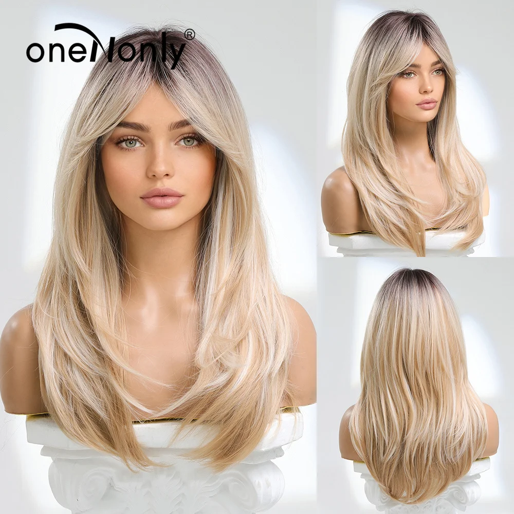 oneNonly Long Straight Blonde Wig Bob Synthetic Wigs for Women Lolita Party Natural Wigs High Temperature Hair